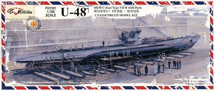 Flyhawk FH1101 1/700 U-48 DKM U-BOAT TYPE VII B WITH DOCK Plastic Model Kit