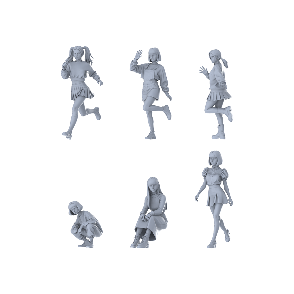 MRY-SFW LYTR645 Modern Youthful Girl Style Young Female Multi-Pose Six-Person Set Miniature Car Diorama Figures Scene Props Accessories Resin