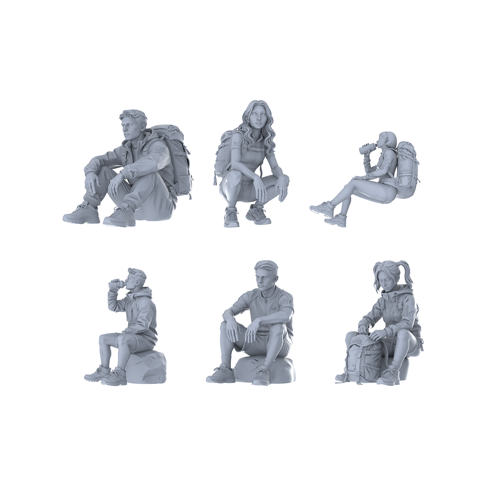 MRY-SFW LYTR675 Modern Outdoor Hiking Rest Style Multi-Character Multi-Pose Six-Person Set Miniature Car Diorama Figures Scene Props Accessories Resin