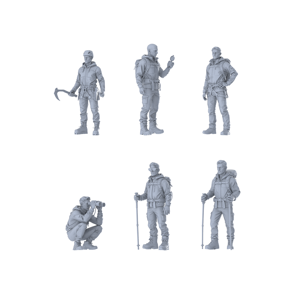 MRY-SFW LYTR669 Modern Outdoor Mountaineering Adventure Style Male Multi-Pose Six-Person Set Miniature Car Diorama Figures Scene Props Accessories Resin