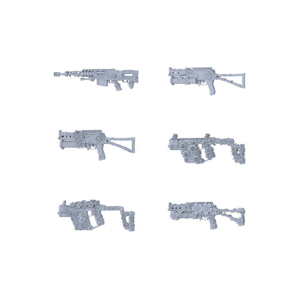 MRY-SFW LYGS244 Mechanical Blossom-Themed Modified Futuristic Firearm Set - 6 Cyber Fantasy Variants (Untextured)