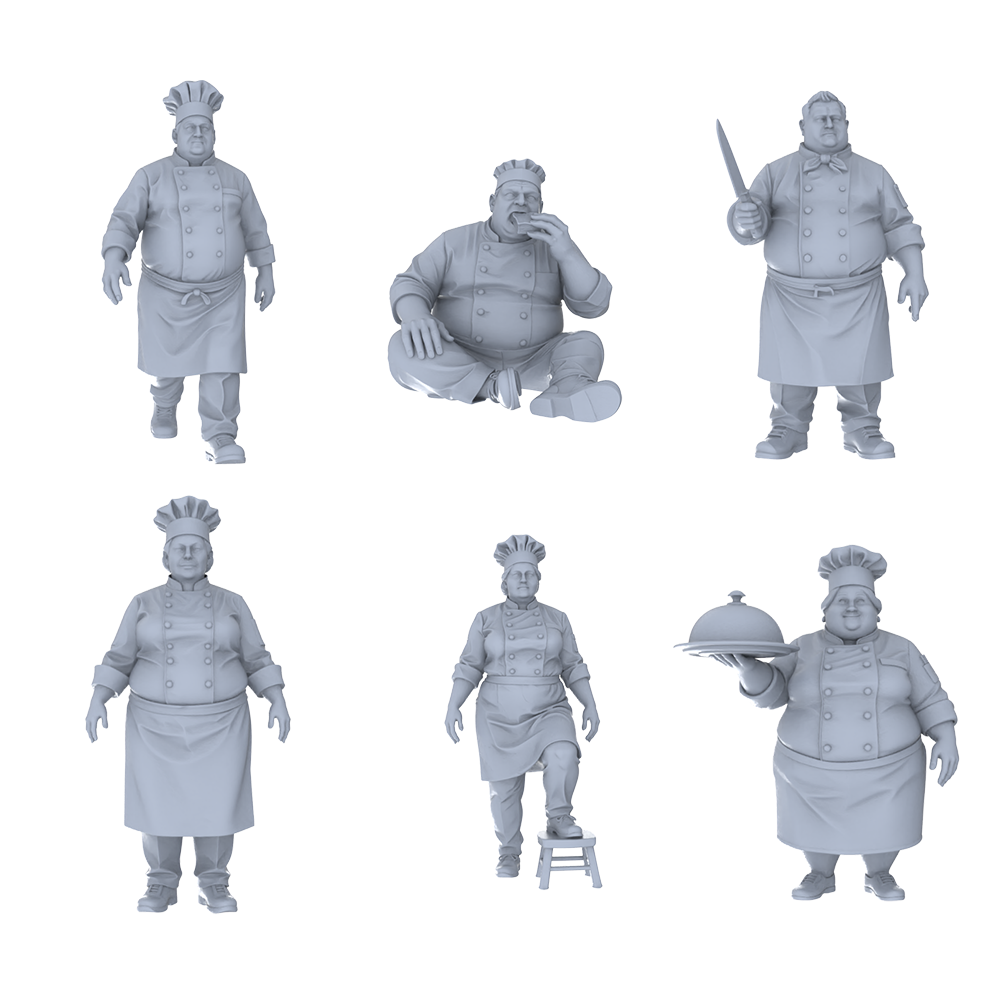 MRY-SFW LYTR688 Modern Figure Fat Chef Food Service 6 pcs Miniature Car Diorama Figures Scene Props Accessories Resin