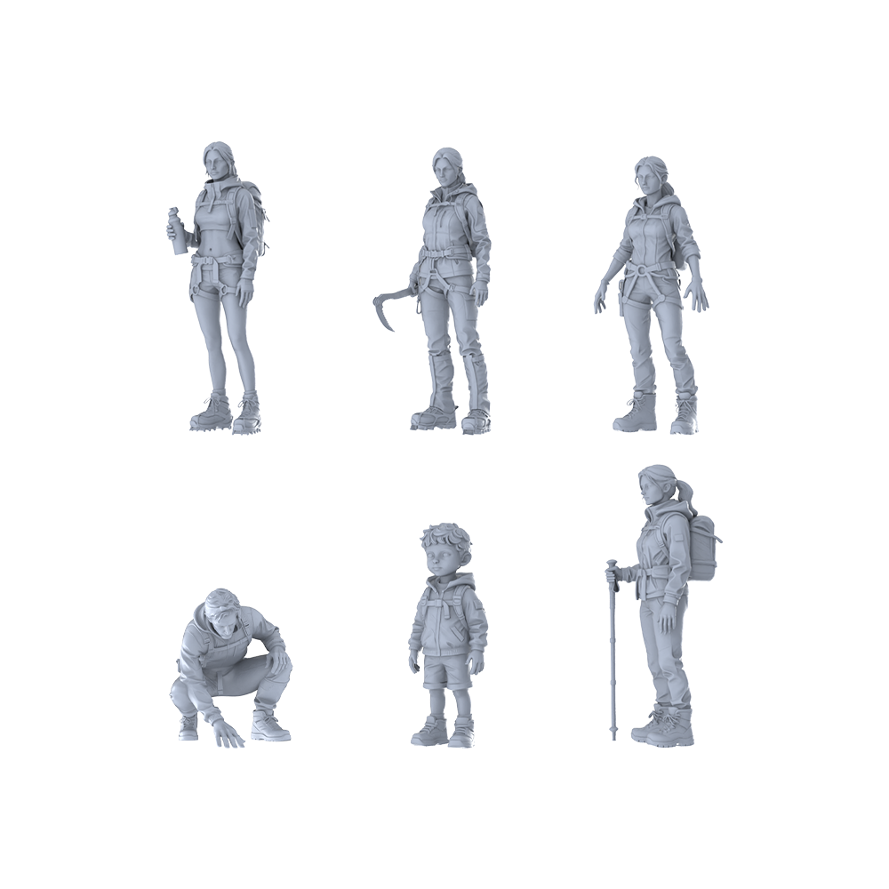 MRY-SFW LYTR668 Modern Outdoor Mountaineering Adventure Style Multi-Character Multi-Pose Six-Person Set Miniature Car Diorama Figures Scene Props Accessories Resin