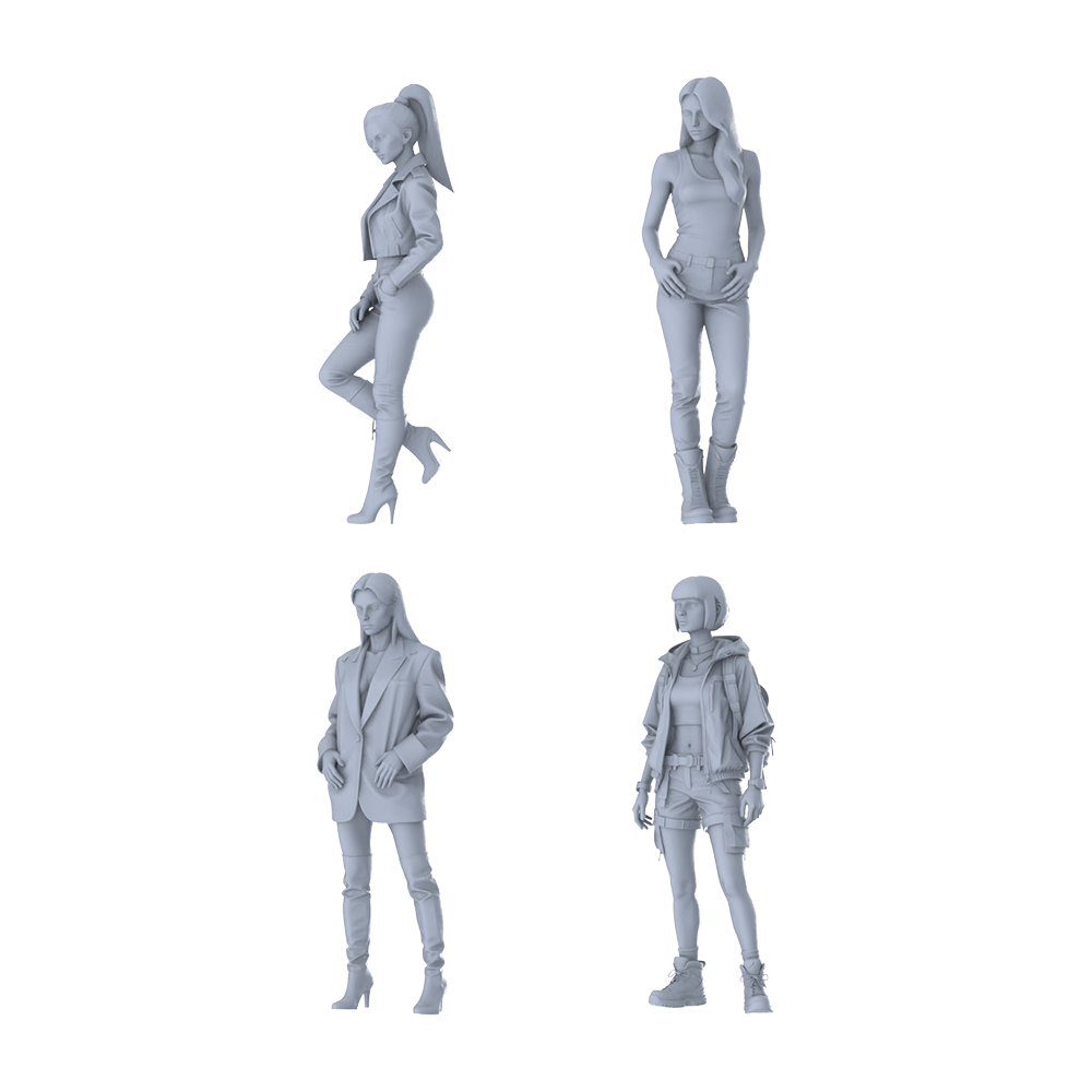MRY-SFW LYTR642 Modern Multi-Style Young Female Multi-Pose Four-Person Set Miniature Car Diorama Figures Scene Props Accessories Resin