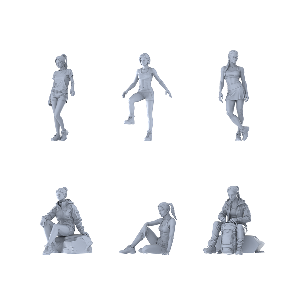 MRY-SFW LYTR679 Modern Sports Casual Style Female Multi-Pose Six-Person Set Miniature Car Diorama Figures Scene Props Accessories Resin