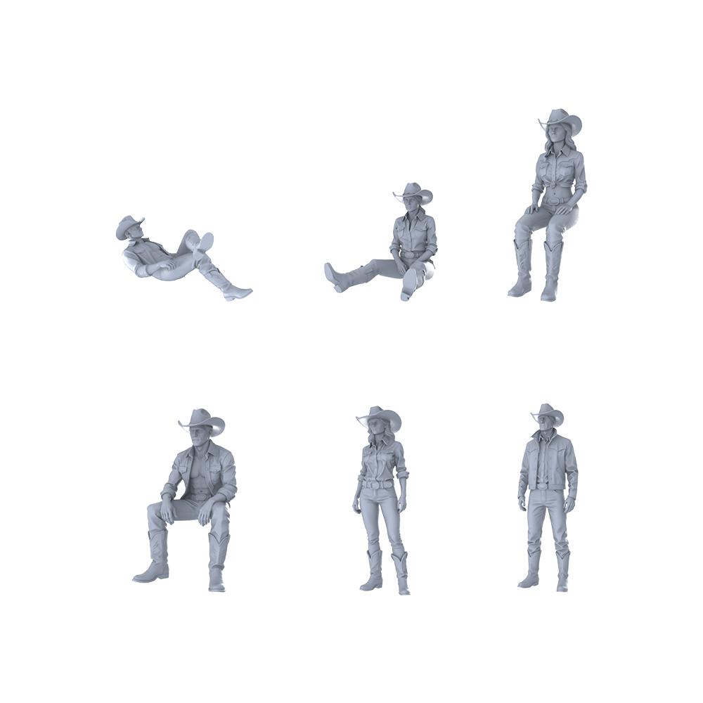 MRY-SFW LYTR541 American West Cowboys Cowgirls Six in Sitting Standing Poses Miniature Car Diorama Figures Scene Props Accessories Resin