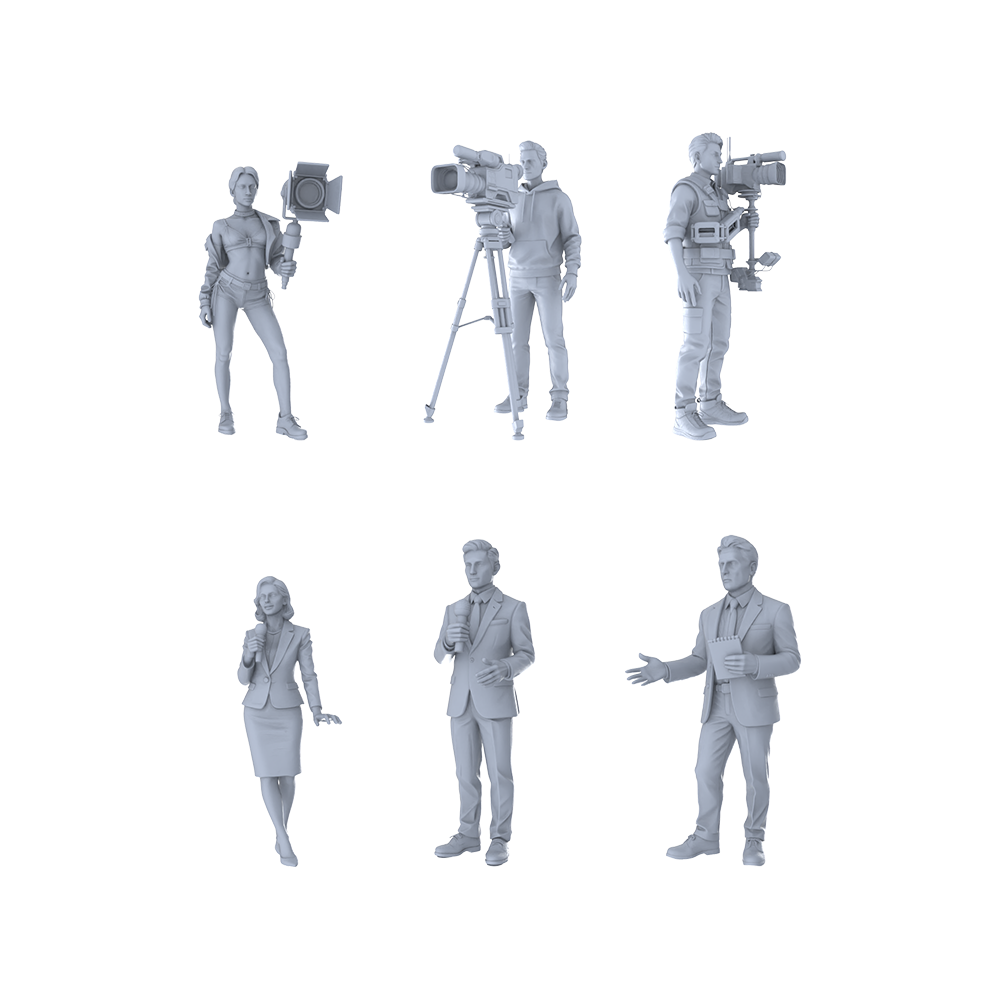 MRY-SFW LYTR567 Modern Media News Professionals Pose Group of 6 Miniature Car Diorama Figures Scene Props Accessories Resin
