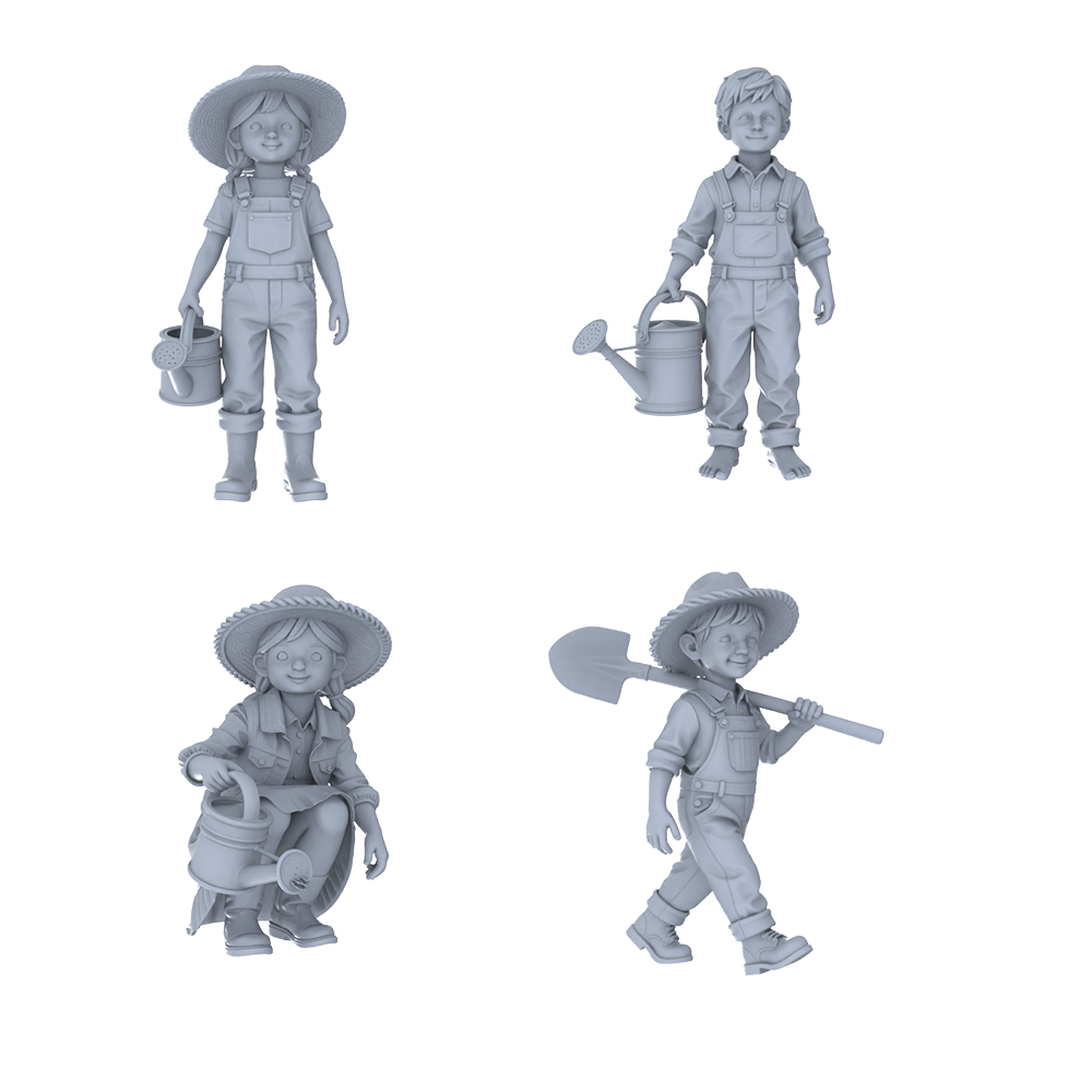 MRY-SFW LYTR781 Children Gardening Laboring Figure 4 pcs Miniature Car Diorama Figures Scene Props Accessories Resin