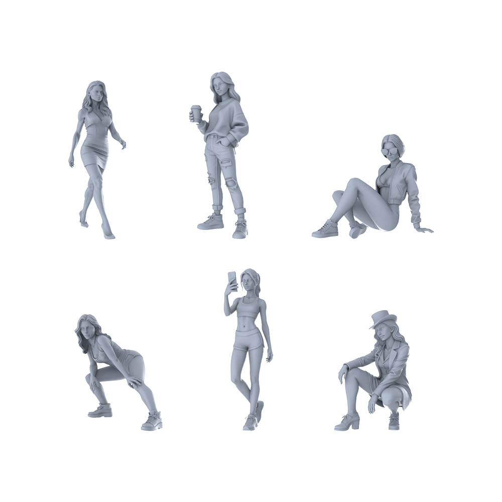 MRY-SFW LYTR571 Modern Urban Trendy Women Pose Group of 6 Miniature Car Diorama Figures Scene Props Accessories Resin