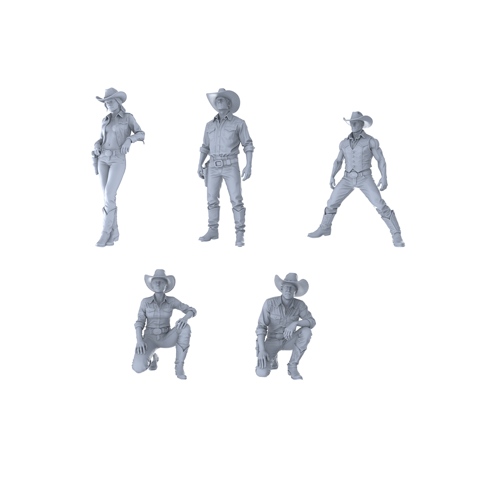 MRY-SFW LYTR542 American West Cowboys Cowgirls Five in Standing Crouching Poses Miniature Car Diorama Figures Scene Props Accessories Resin