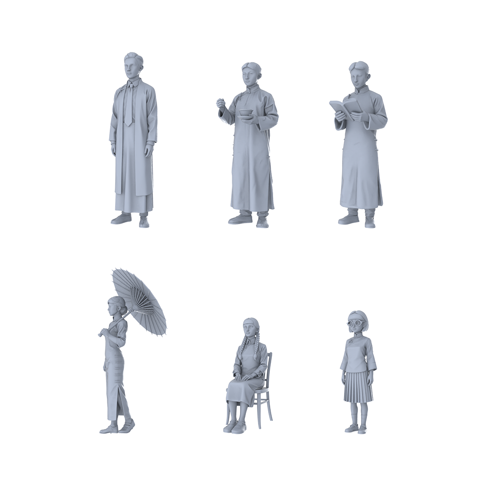 Yao's Studio LYTR288 Republic of China Youth Hexad Resin Miniature Model 6-Figure Set, Unpainted Daily Life Figures, DIY Painting Scene Decoration Miniatures Diorama Resin Figures