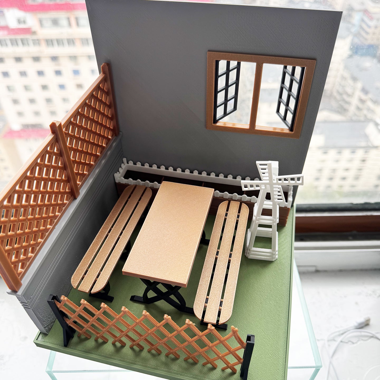 RHF121016 Courtyard 1:12 Scale Dollhouse 3D Printed Miniature Model - Garden Scene With Windmill Table And Chairs