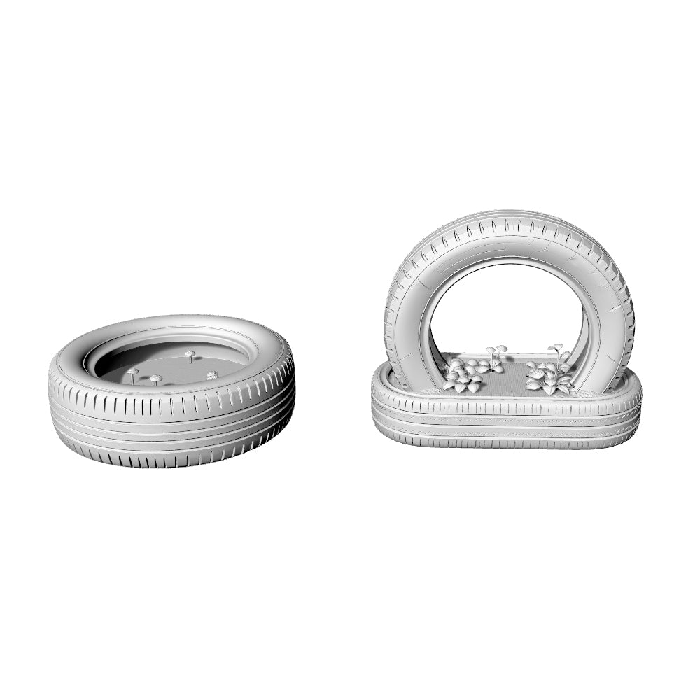 MRY-SFW LYTS612 3D Printed Unpainted White Resin, Tire Planter 2-Piece Set, Miniature Rustic Garden Diorama Decor