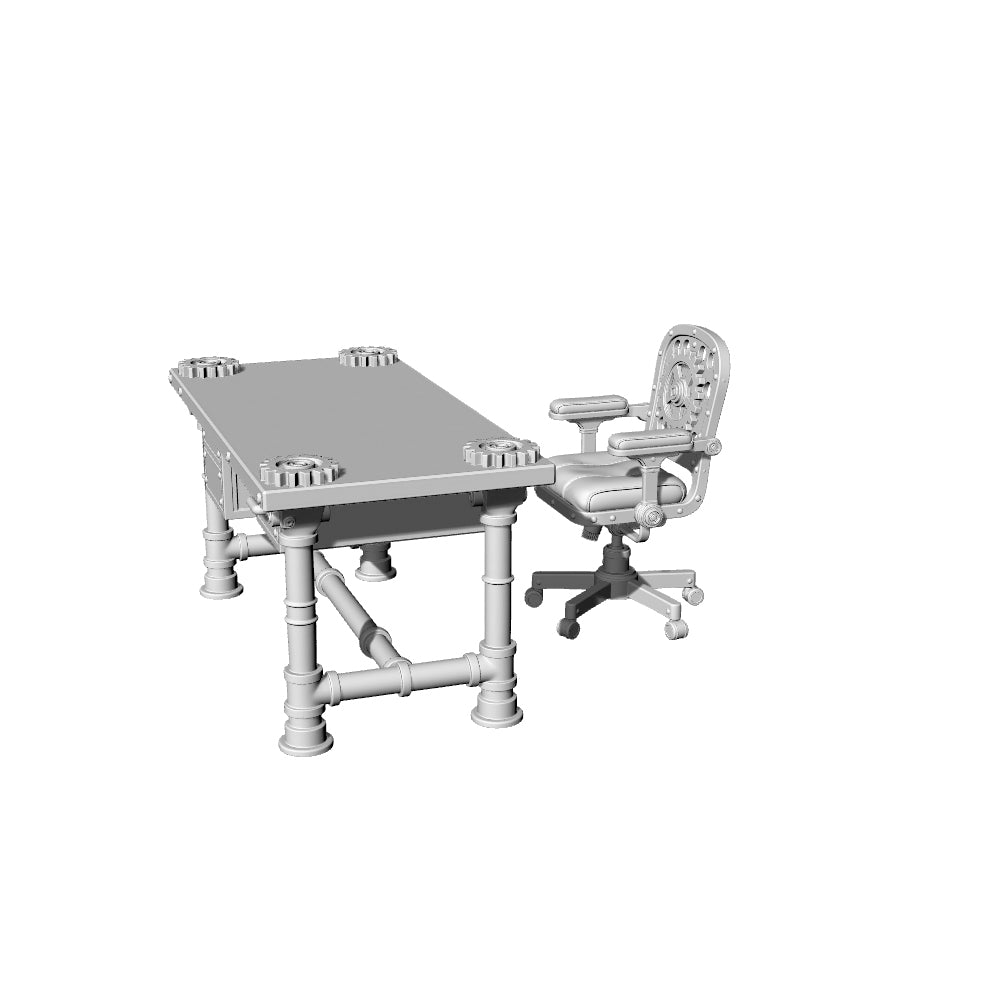 MRY-SFW LYTS626 3D Printed Steampunk Retro Workshop Desk & Chair Set, Unpainted White Model, Miniature Scene Ornaments
