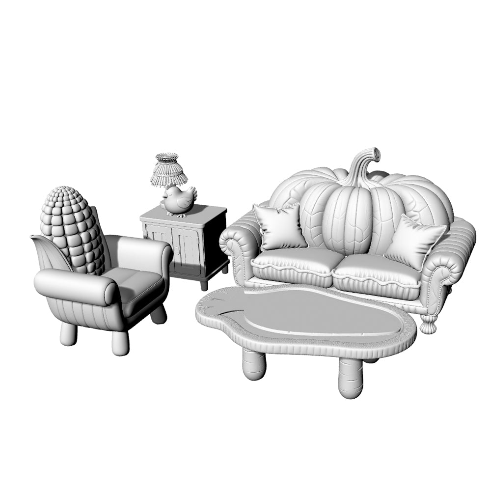 MRY-SFW LYTS650 3D Printed Autumn Farm Themed Pumpkin Corn Furniture Set, Unpainted White Model, Miniature Scene Ornaments