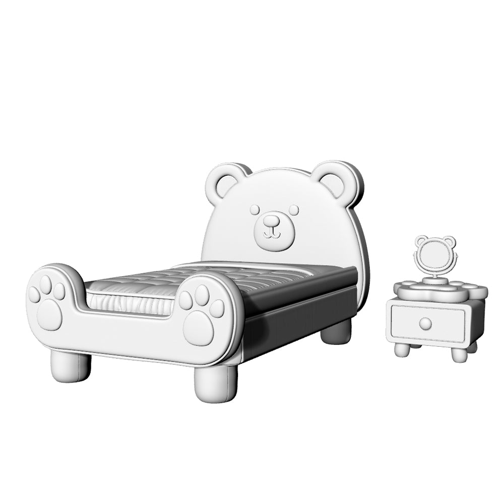 MRY-SFW LYTS655 3D Printed Cute Bear Bed Nightstand Set, Unpainted White Model, Miniature Scene Ornaments