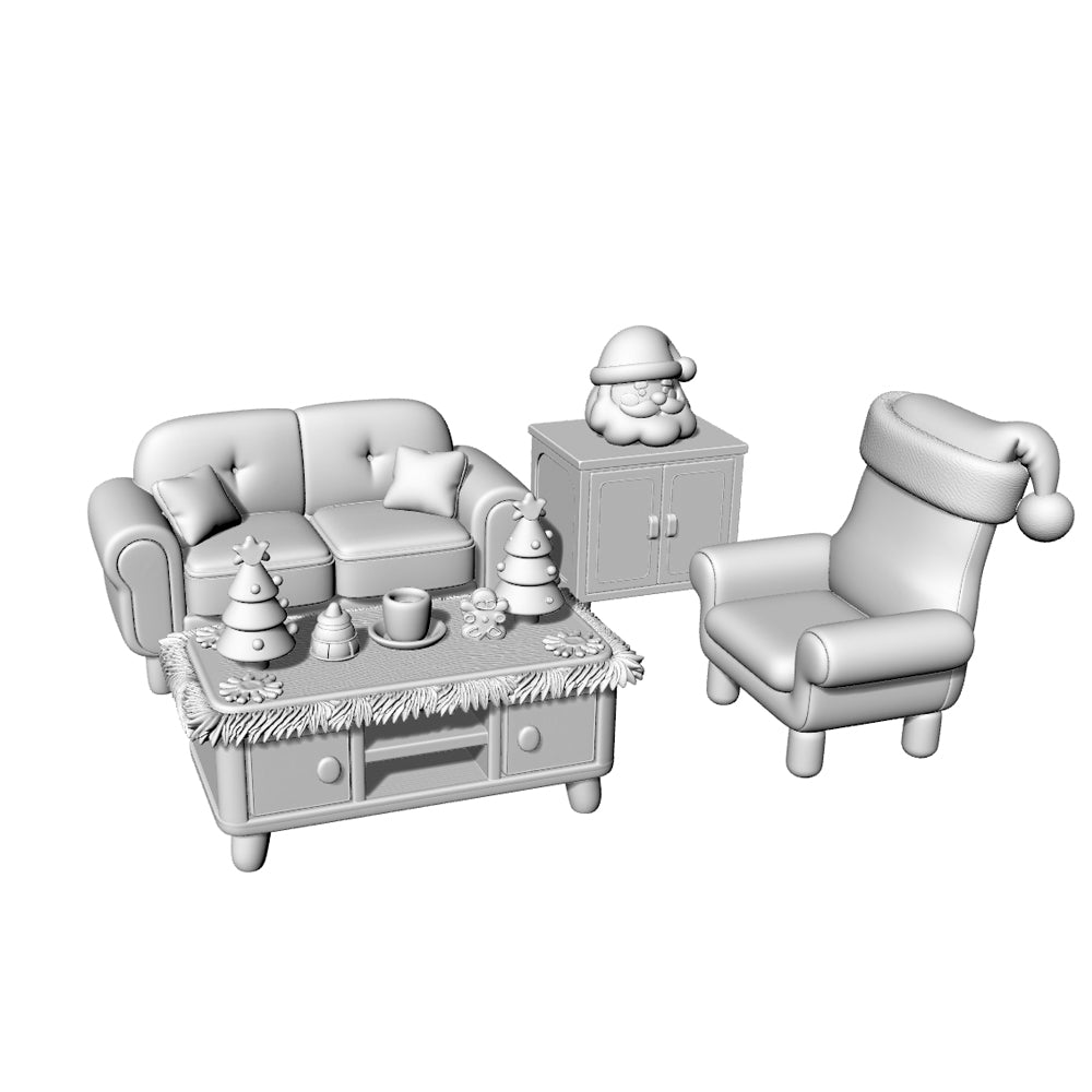 MRY-SFW LYTS647 3D Printed Christmas Themed Living Room Furniture Set, Unpainted White Model, Miniature Scene Ornaments