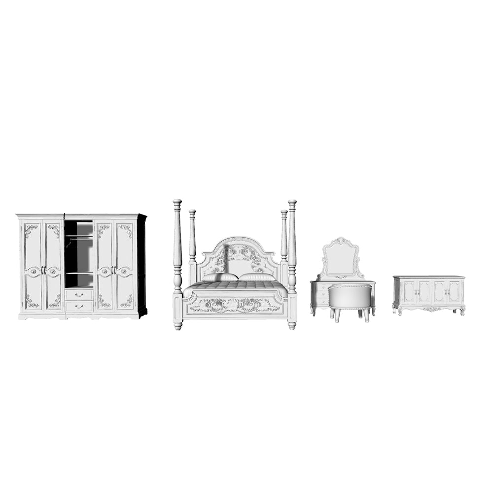 MRY-SFW LYTS548 3D Printed American Vintage Style Bedroom Furniture Set, Unpainted White Resin, Miniature Dollhouse Diorama Accessories