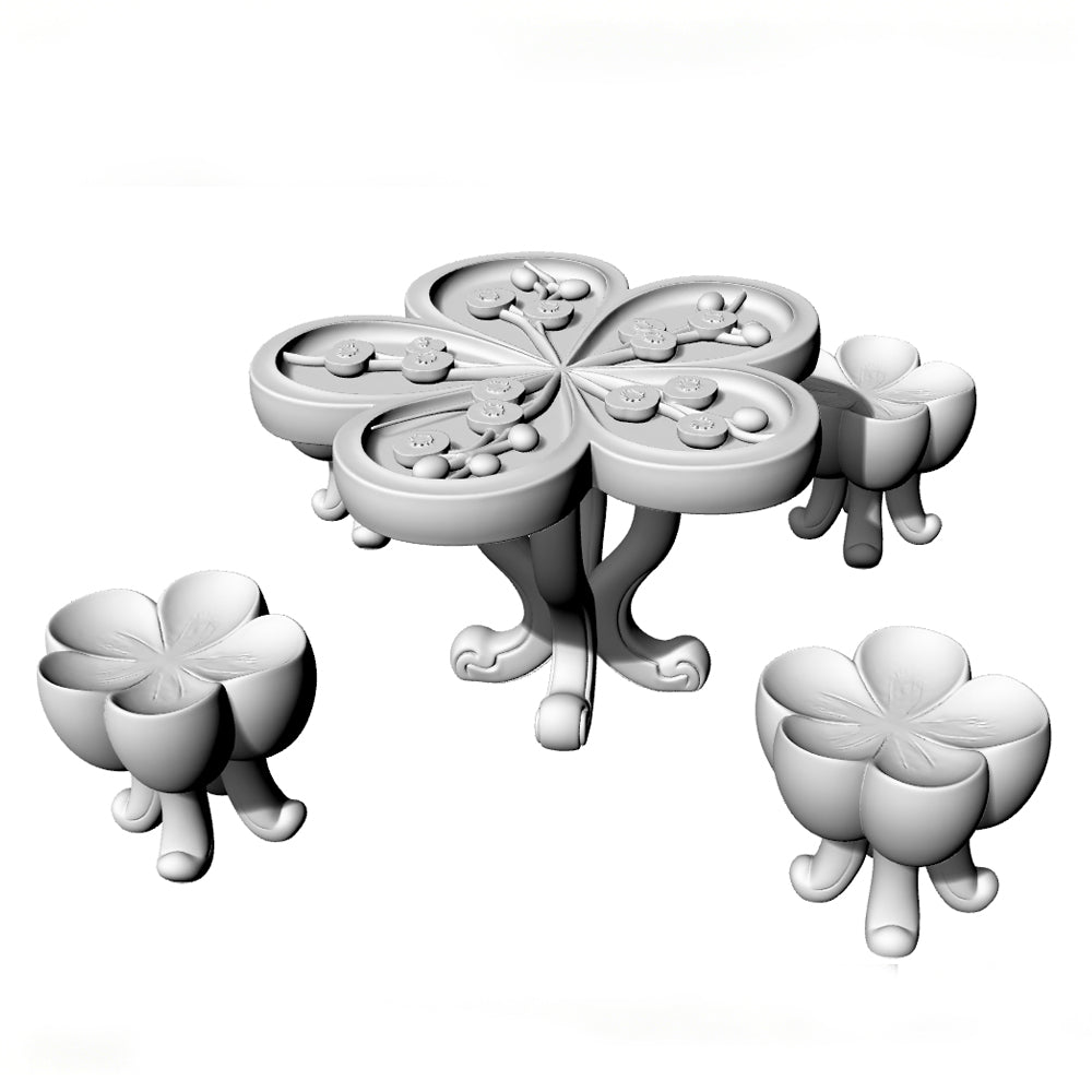 MRY-SFW LYTS545 3D Printed Chinese Clover Pattern Stone Table & Stool Set, Unpainted White Resin, Miniature Dollhouse Diorama Accessories