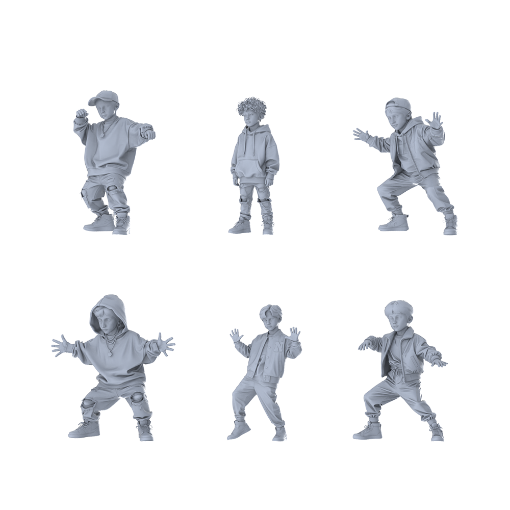 MRY-SFW LYTR601 Modern Street Style Kids Hip-Hop Pose Six-Person Set Miniature Car Diorama Figures Scene Props Accessories Resin