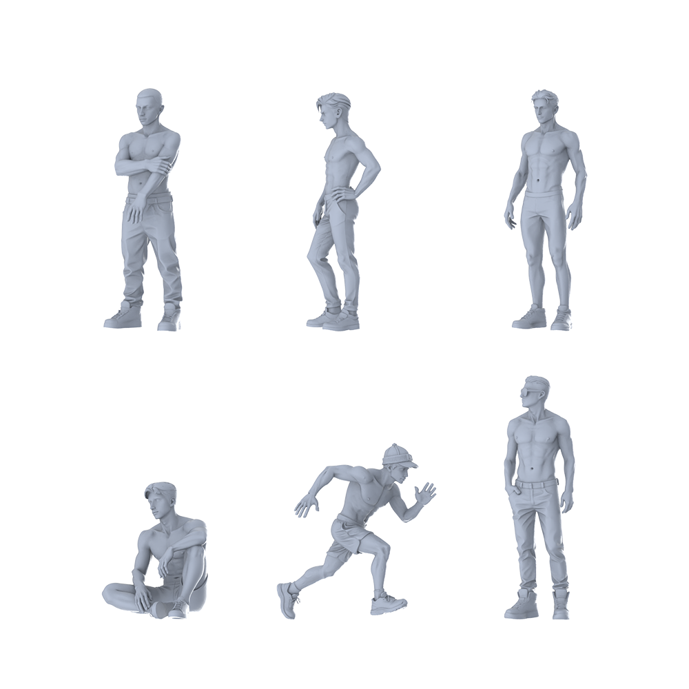 MRY-SFW LYTR610 Modern Fitness Style Muscular Youth Male Multi-Pose Six-Person Set Miniature Car Diorama Figures Scene Props Accessories Resin