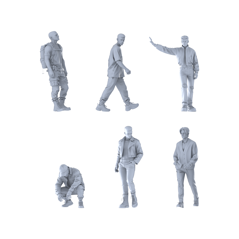 MRY-SFW LYTR621 Modern Functional Trend Style Youth Male Multi-Pose Six-Person Set Miniature Car Diorama Figures Scene Props Accessories Resin
