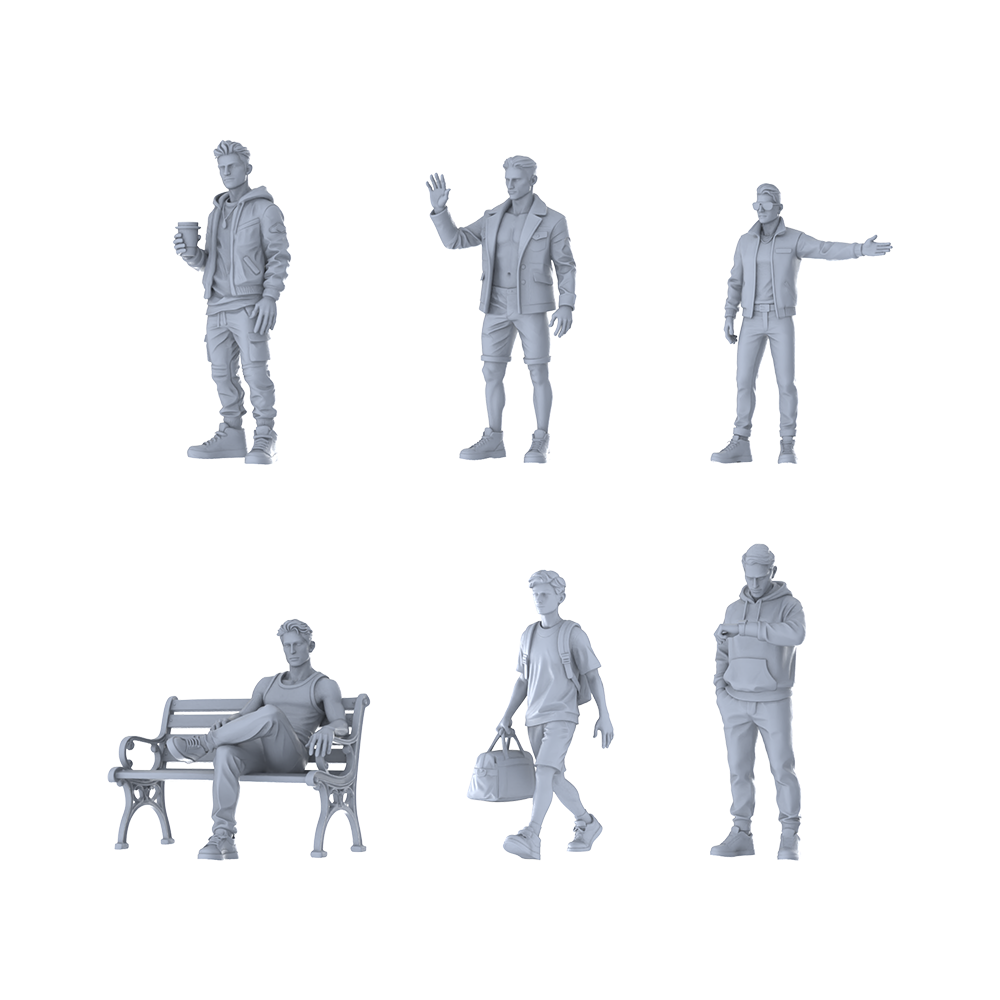 MRY-SFW LYTR607 Modern Urban Casual Style Youth Male Multi-Pose Six-Person Set Miniature Car Diorama Figures Scene Props Accessories Resin
