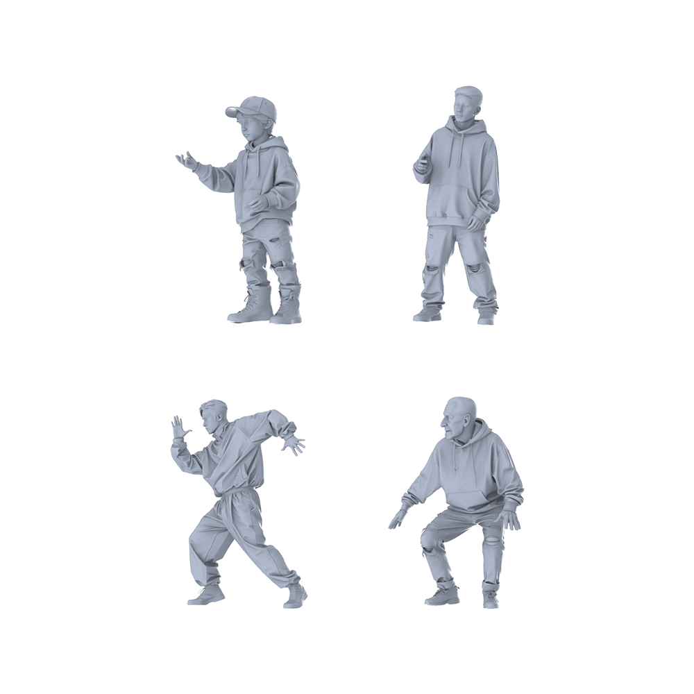MRY-SFW LYTR624 Modern Street Trend Style Multi-Age Character Multi-Pose Four-Person Set Miniature Car Diorama Figures Scene Props Accessories Resin