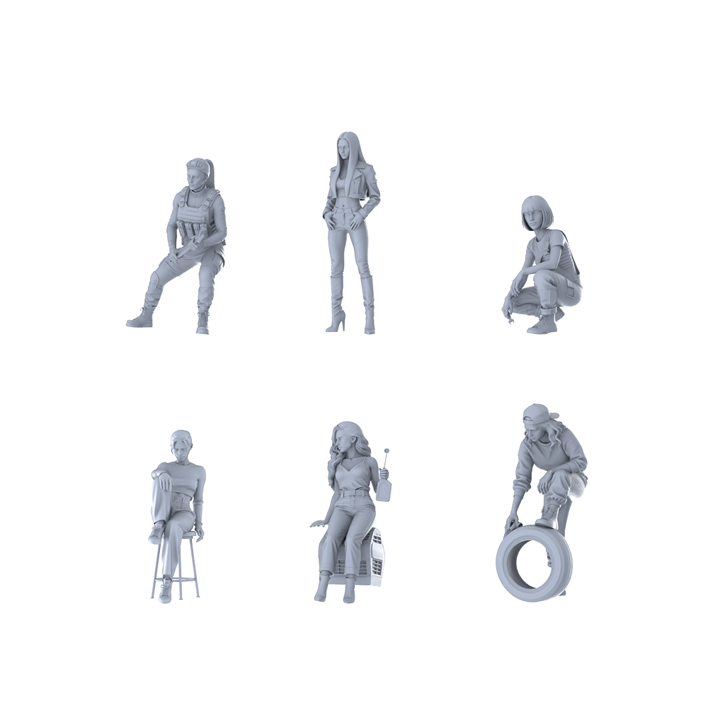 MRY-SFW LYTR584 Modern Cool Style Female Characters Pose Group of 6 Miniature Car Diorama Figures Scene Props Accessories Resin