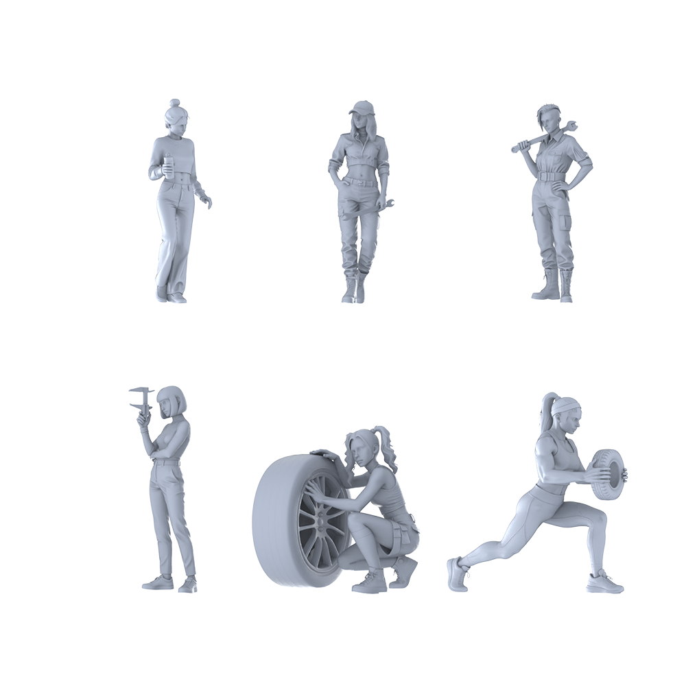 MRY-SFW LYTR595 Modern Auto Repair Female Technicians Pose Group of 6 Miniature Car Diorama Figures Scene Props Accessories Resin