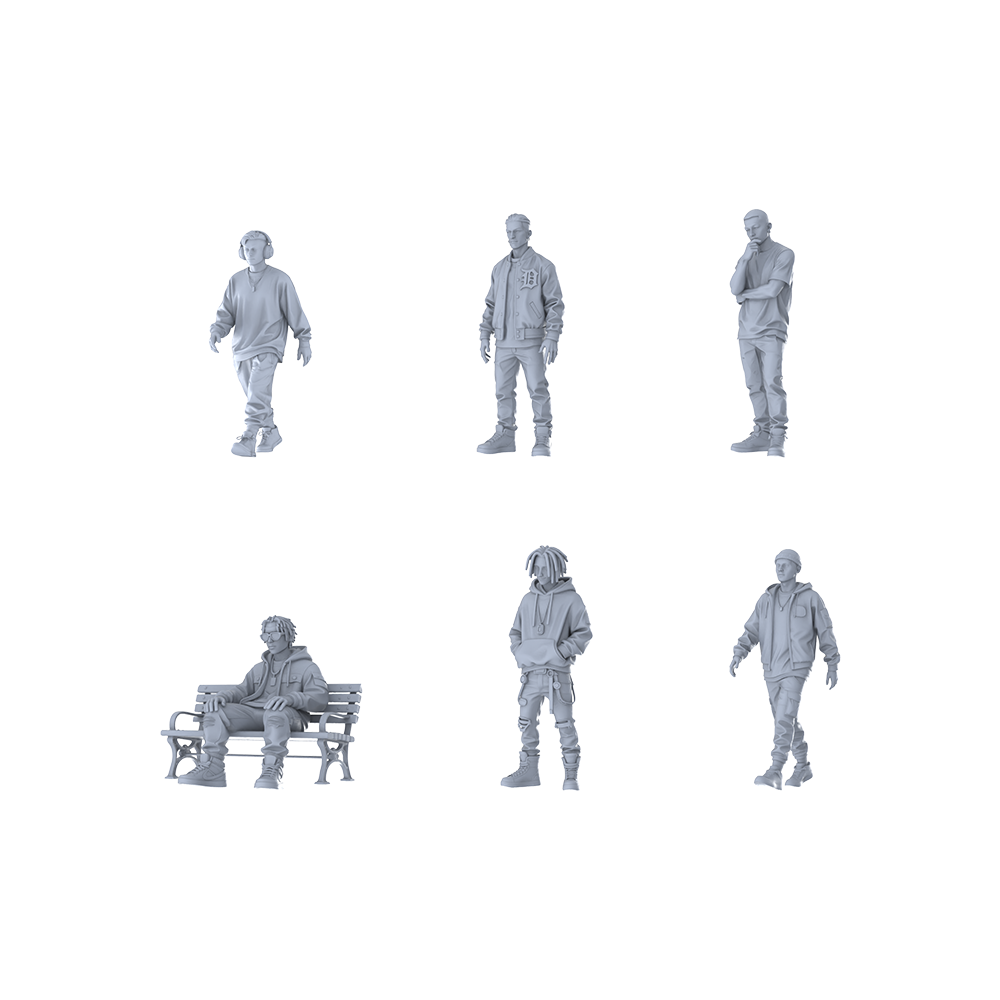 MRY-SFW LYTR605 Modern Street Style Youth Male Multi-Pose Six-Person Set Miniature Car Diorama Figures Scene Props Accessories Resin