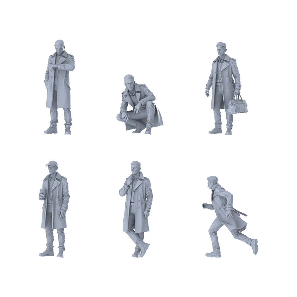 MRY-SFW LYTR608 Modern Urban Trench Coat Style Youth Male Multi-Pose Six-Person Set Miniature Car Diorama Figures Scene Props Accessories Resin
