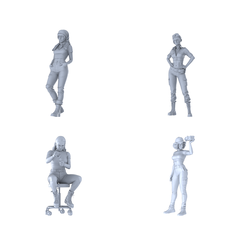 MRY-SFW LYTR594 Modern Trendy Utility-Style Women Maintenance Pose Group of 4 Miniature Car Diorama Figures Scene Props Accessories Resin