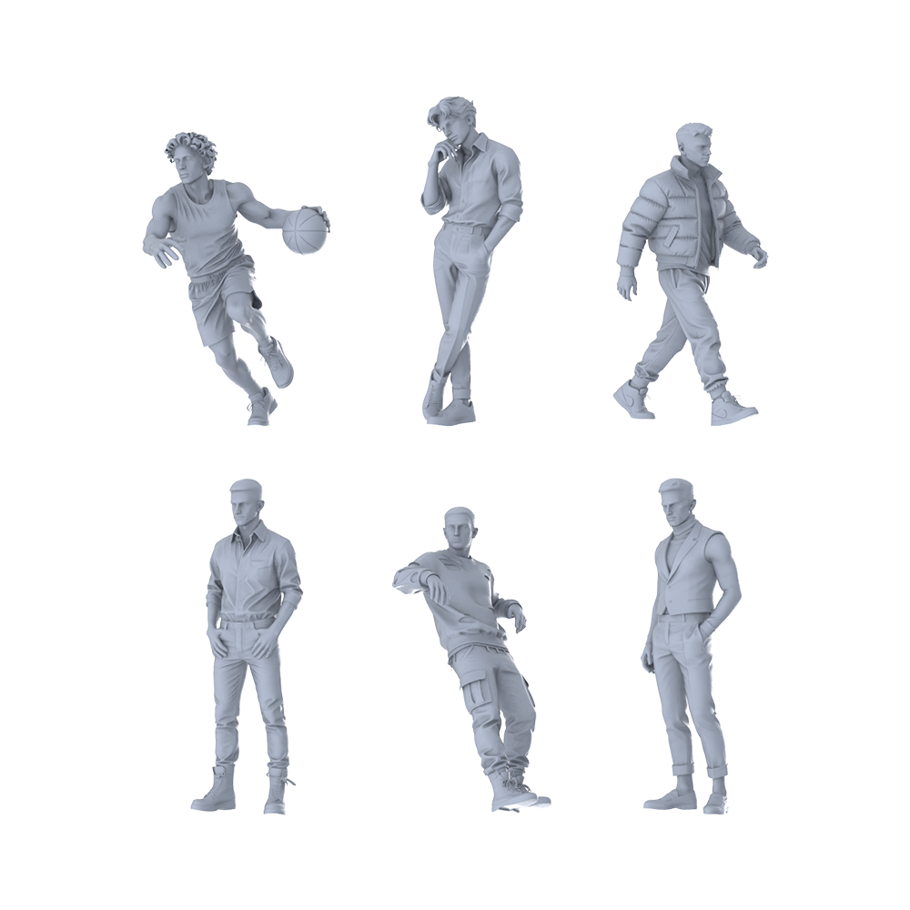 MRY-SFW LYTR620 Modern Multi-Style Youth Male Multi-Pose Six-Person Set Miniature Car Diorama Figures Scene Props Accessories Resin