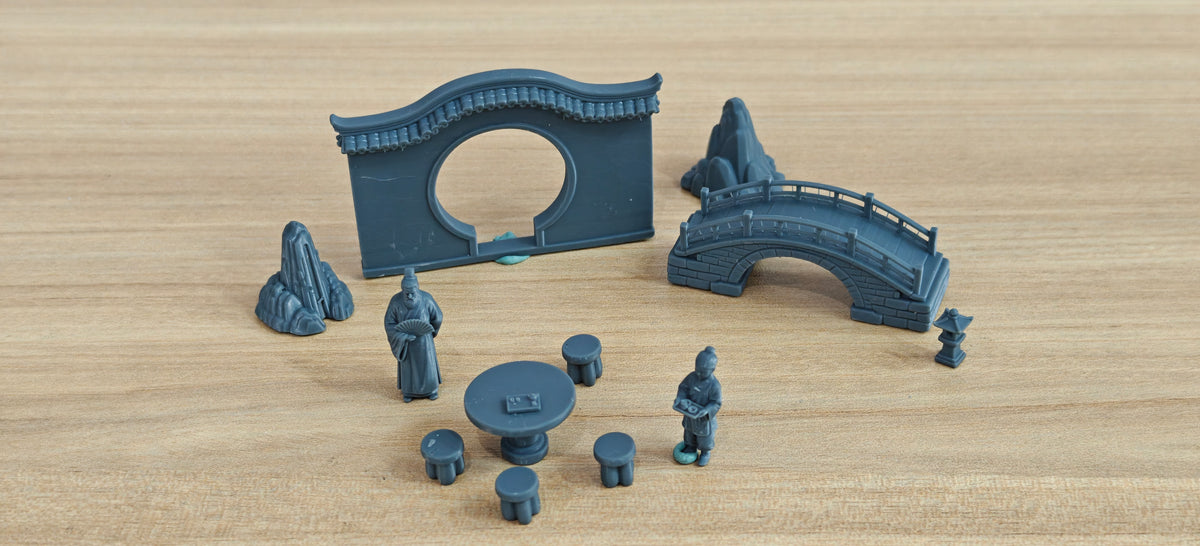 3D Printed Model Chinese Ancient Style Scholar Tea Break Courtyard Miniature Sand Table Set Moon Gate Rockery Stone Lantern Miniature Figurine MRY-SFW LYTB334