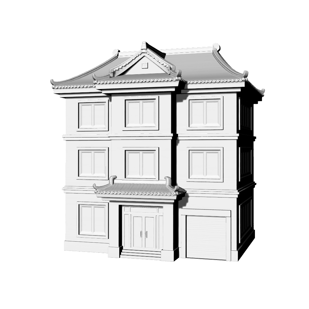 MRY-SFW LYTB652A Miniature Scene Building Model New Chinese Style Three Story House With Garage Chinese Sloping Roof Residence Desktop Building 3D Printing Model