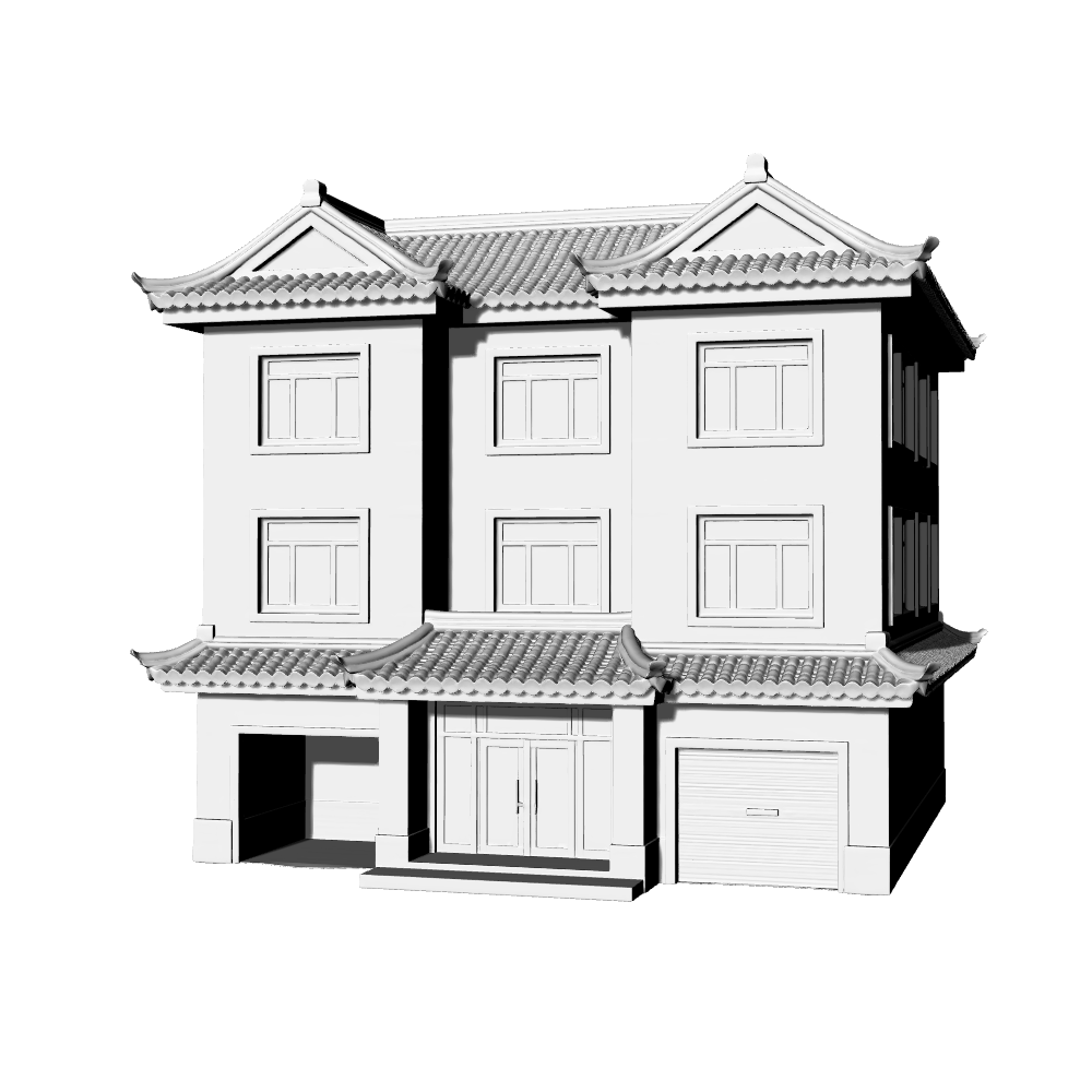 MRY-SFW LYTB652C Miniature Scene Building Model New Chinese Style Three Story House With Garage Chinese Sloping Roof Residence Desktop Building 3D Printing Model