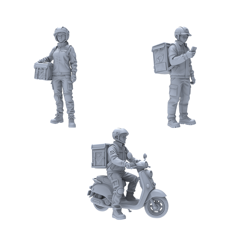 Yao's Studio LYTR024 Food Delivery Scene Resin Miniature Model 3-Piece Set - Delivery Riders & Scooter Unpainted DIY Model Painting Urban Scene Decor 1set