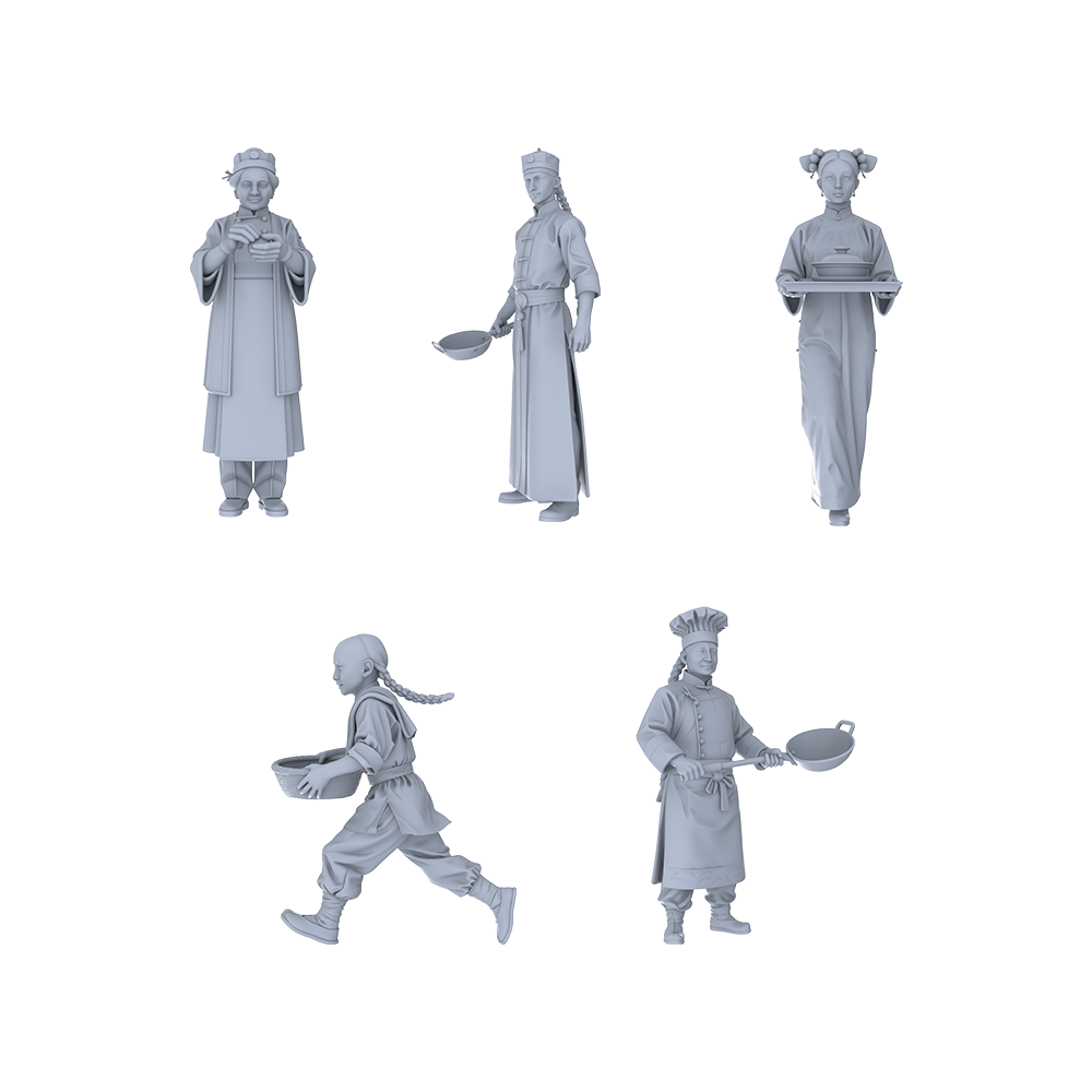 Yao's Studio LYTR062 Unpainted Resin Miniature Model Set of Qing Dynasty Chinese Catering Scene - 5-piece Set with Chef Waiter & Helper Figurines DIY Coloring Qing Dynasty Catering Scene Ornament 1set