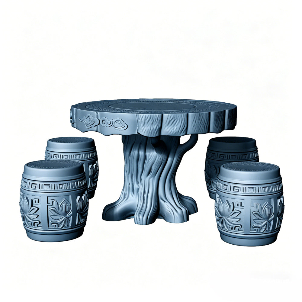 MRY-SFW LYTS516 3D Printed Chinese Tree Root Carved Table & Stool Set, Unpainted White Resin, Miniature Ancient Architecture Garden Diorama Accessories
