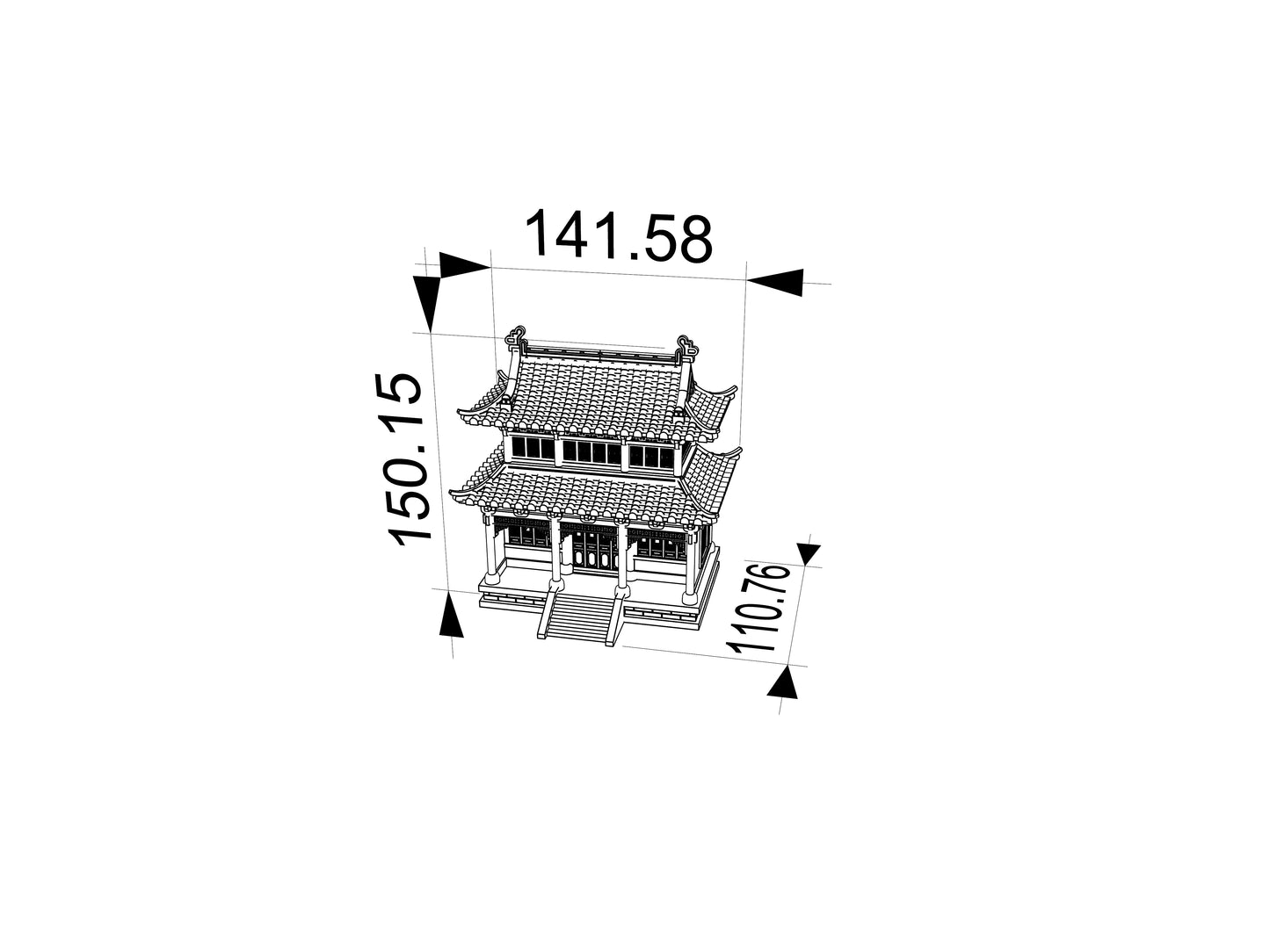 RHF359 Chinese Ancient Double-Story Pavilion Model Chinese Ancient Two-Story Pavilion Miniature Building with Double Eaves & Carved Windows for Diorama