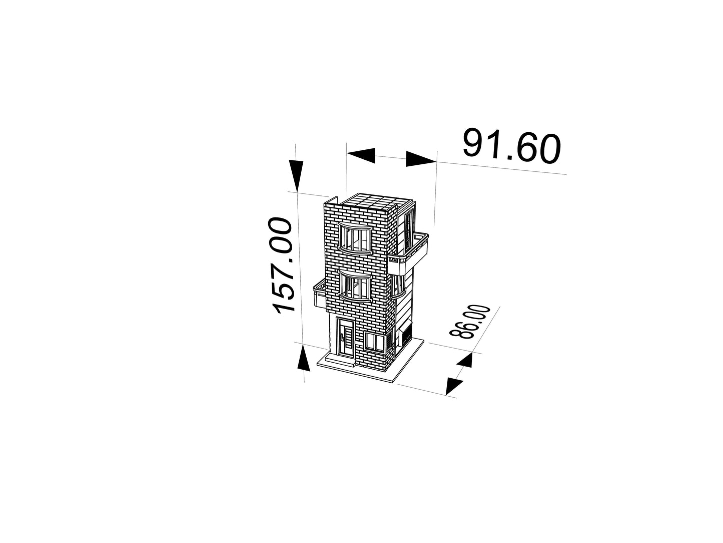 RHF64371 1/64 Red Brick Wall Color-Blocking Three-Story Cottage Miniature Building Model Red Brick Color Block Three-Story Cottage Miniature Building with Balcony for Diorama