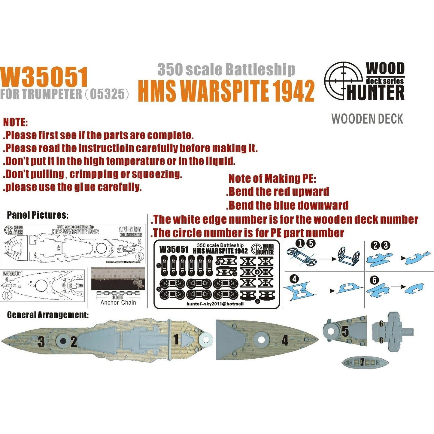 Hunter W35051 1/350 Wood Deck BATTLESHIP HMS WARSPITE 1942 FOR TRUMPETER 05325