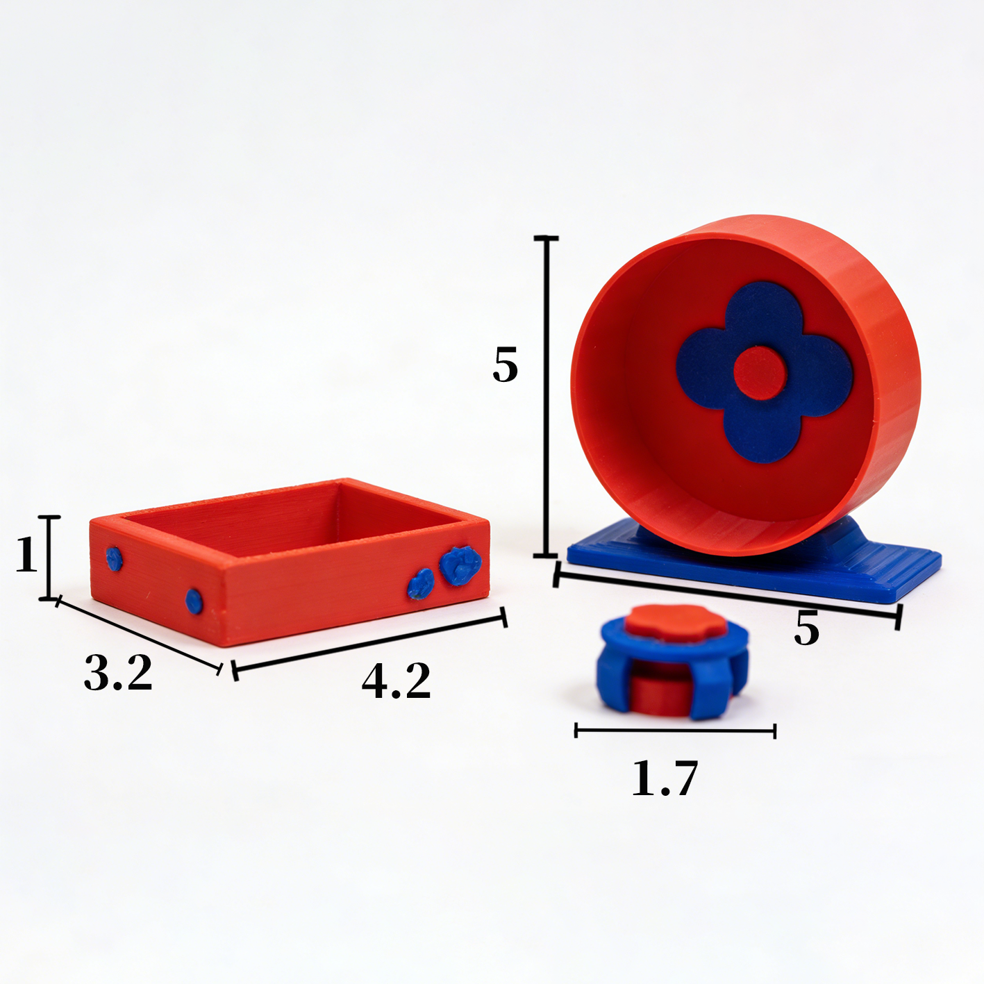 RHF331 Pet Toy 3-Piece SetExercise Wheel, Food Bowl with Storage & Food Dispenser Toy Playful Red & Blue Pet Toy 3-Piece Set