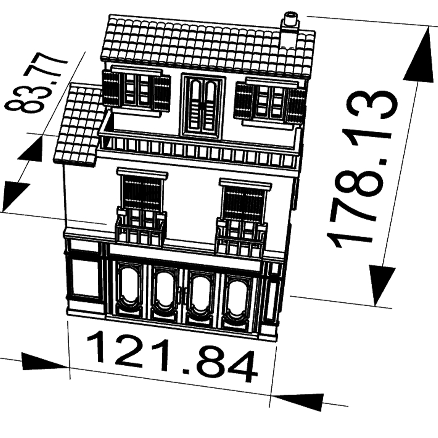 RHF294 French Retro Three-Story Townhouse French Retro Three-Story Townhouse, Miniature Building with White & Green Color Scheme and Balcony.