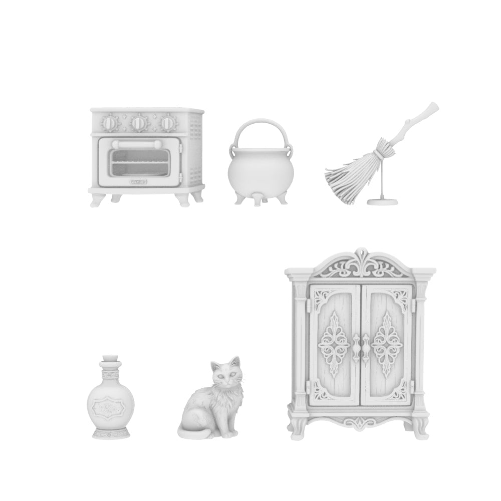 MRY-SFW LYTS679 3D Printed Witch Magic Kitchen Scene Set, Unpainted White Model, Fantasy Miniature Diorama