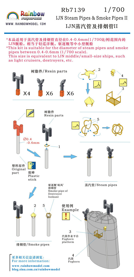 Rainbow RB7139 1/700Detail Up IJN Steam Pipes & Smoke Pipes II (Small size|5types,3DP+PE)