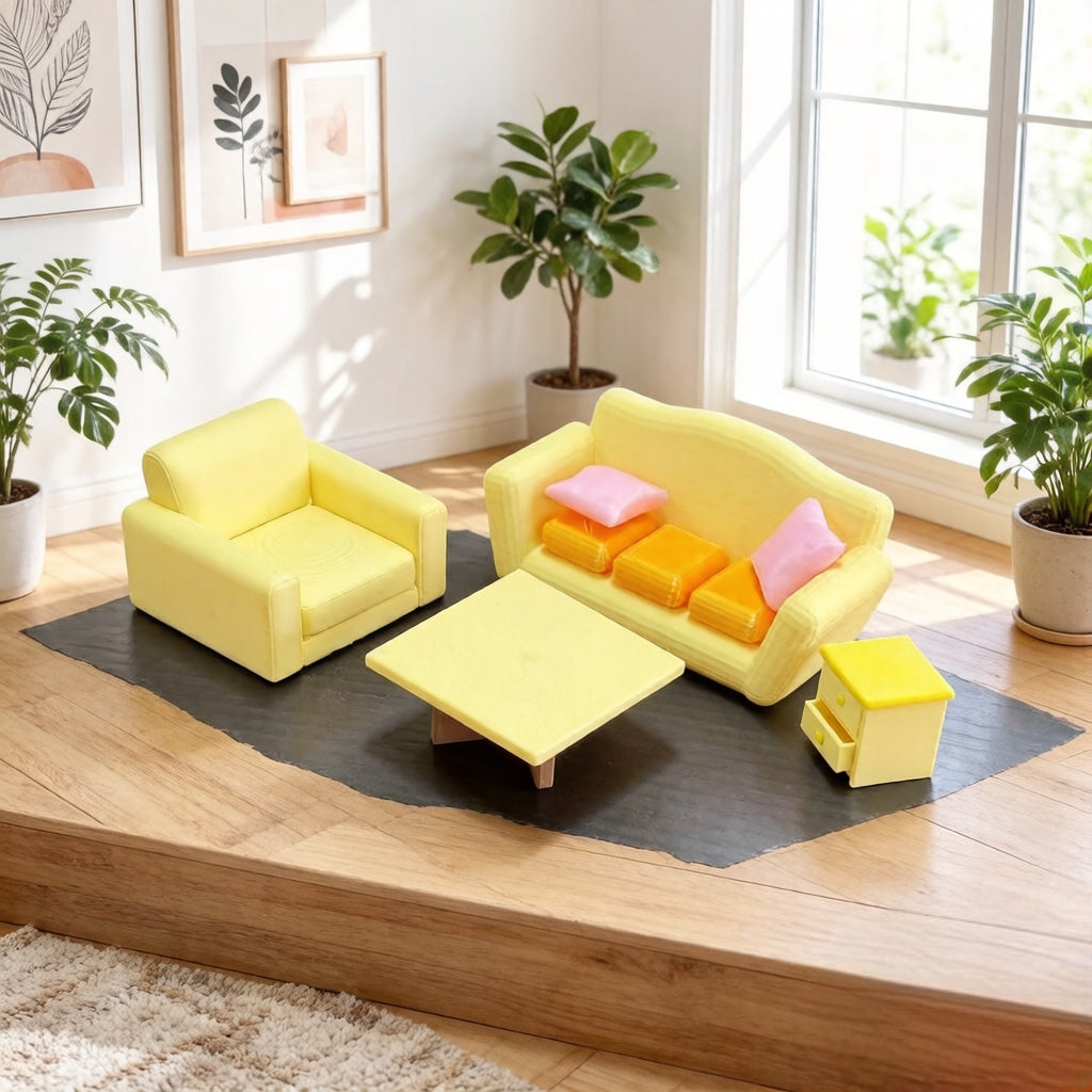 RHF373 Macaron Yellow & Pink Living Room Furniture Set Miniature Model Macaron Yellow & Pink Living Room Furniture Set Miniature Model for Dollhouse