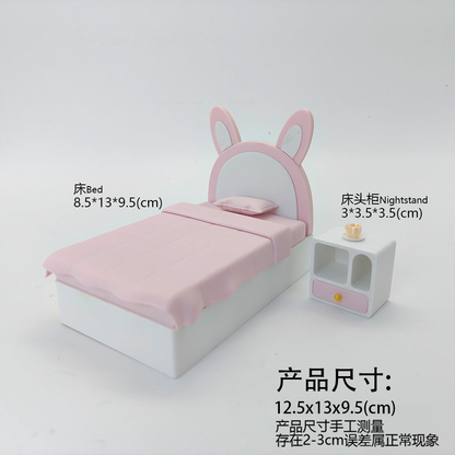 LYTP12203 1/12 Bunny-Ear Sweet Dreams Mini Princess Bed Set With Nightstand  INS Style Miniature Display Model 1:12 Scale