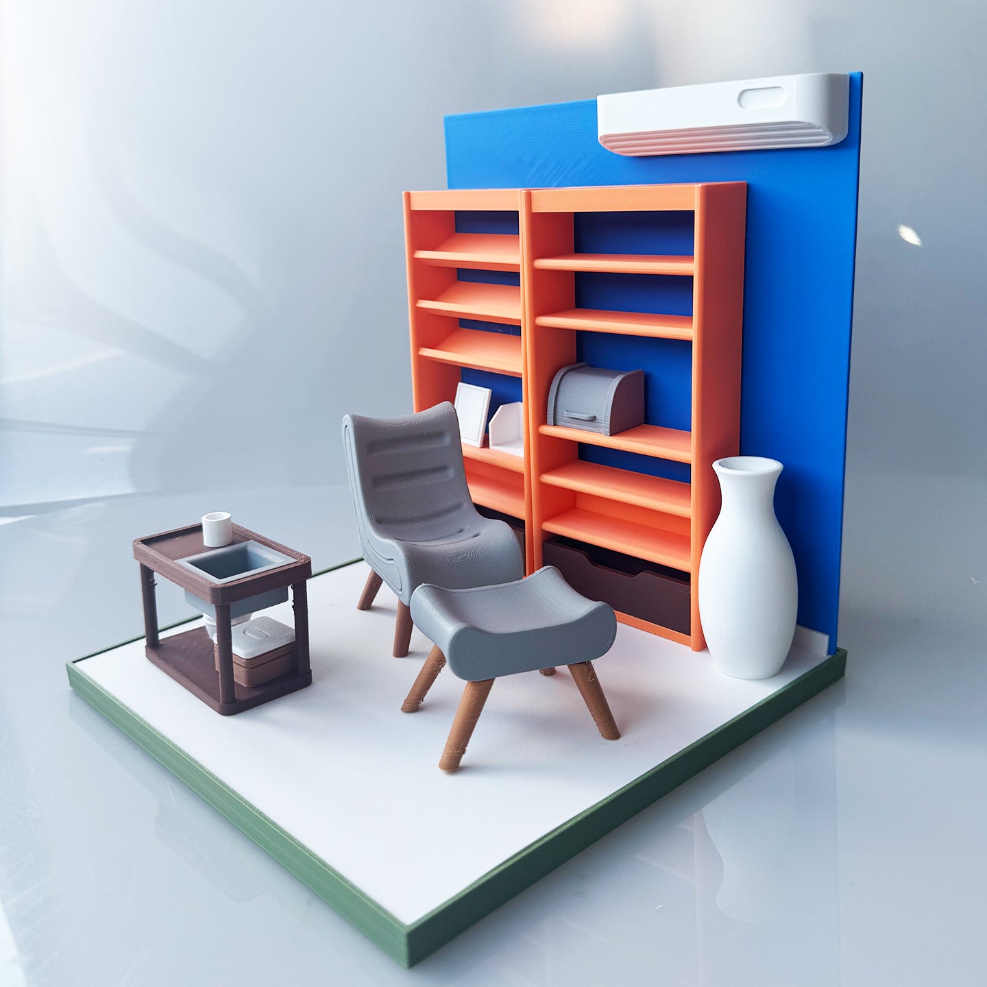 RHF121003 1/12 Resting Corner Framework 3D Printing DIY Miniature Scenes1:12 scale leisure dollhouse miniature recliner, bookshelf, tea table